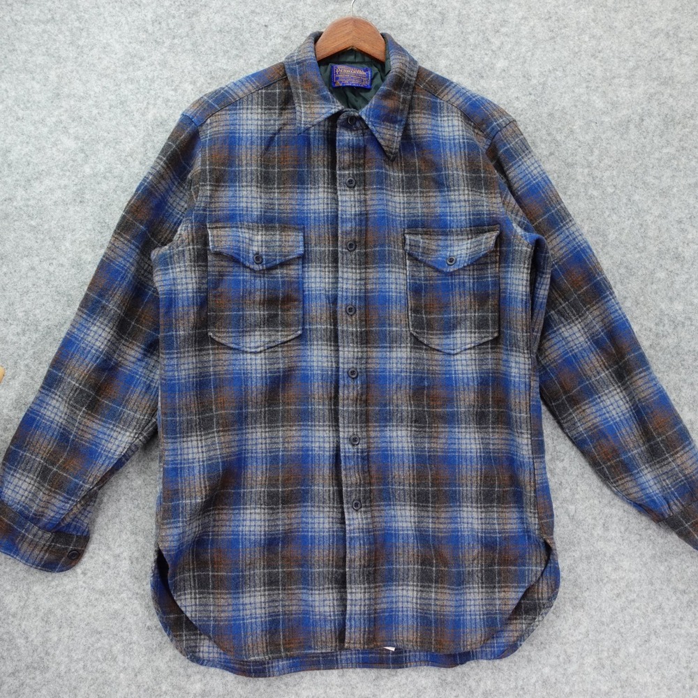 Vintage 70s Pendleton Wool Flannel Shacket Mens L Blue Shadow Plaid Washable USA
